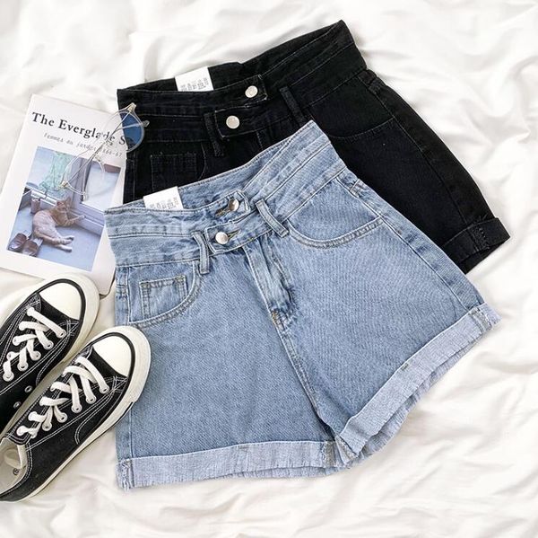 women's jeans double-button high waist loose straight denim shorts, Blue