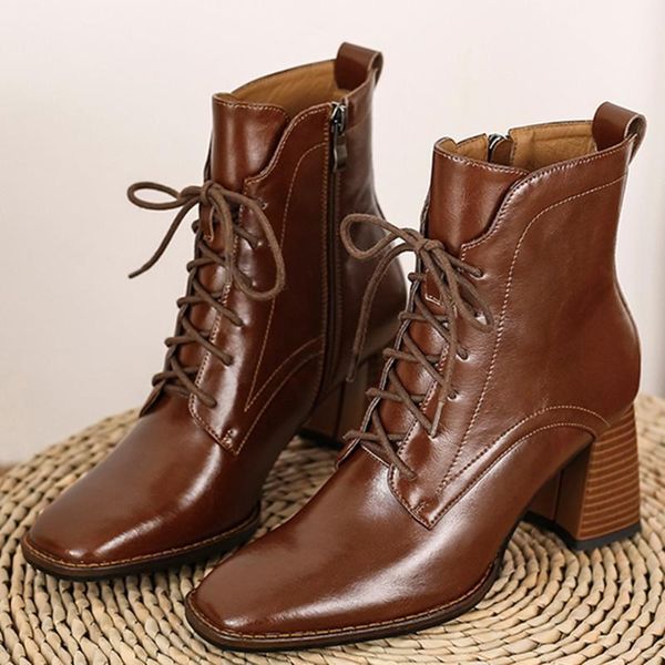 boots women's genuine leather thick high heel autumn lace-up ankle square toe elegant ladies dress heels short booties shoes1, Black
boots women's genuine leather thick high heel autumn lace-up ankle square toe elegant ladies dress heels short booties shoes1, Black