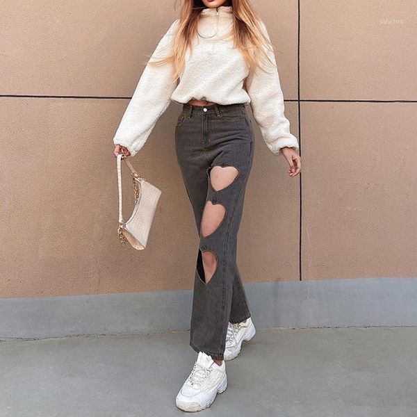 indie aesthetics heart shape hollow out baggy jeans y2k streetwear high waist denim trousers summer pants girl 90s clothes women's, Blue