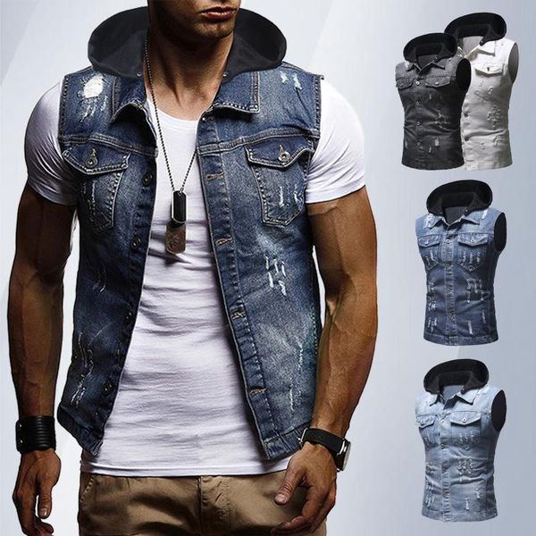 men's vests denim vest men cotton sleeveless jackets blue casual fishing shredded jean coat ripped male cowboy outdoors waistcoat, Black;white
men's vests denim vest men cotton sleeveless jackets blue casual fishing shredded jean coat ripped male cowboy outdoors waistcoat, Black;white