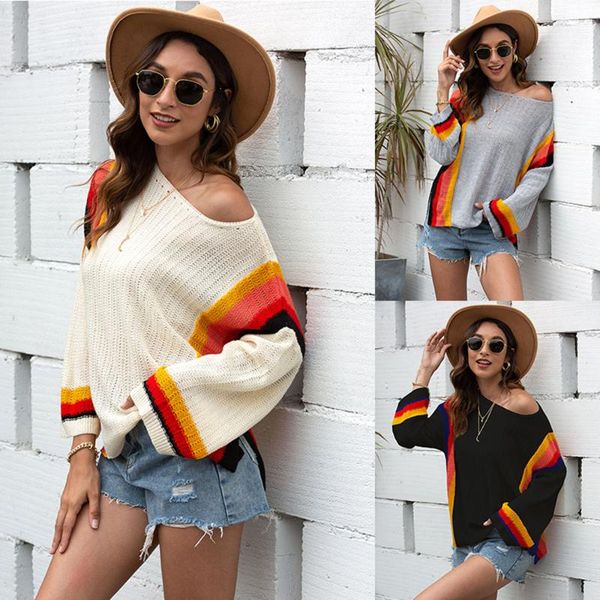 women's sweaters fashion european and american strapless round neck hollow beach shirt stitching knitted rainbow sweater women, White;black 
women's sweaters fashion european and american strapless round neck hollow beach shirt stitching knitted rainbow sweater women, White;black