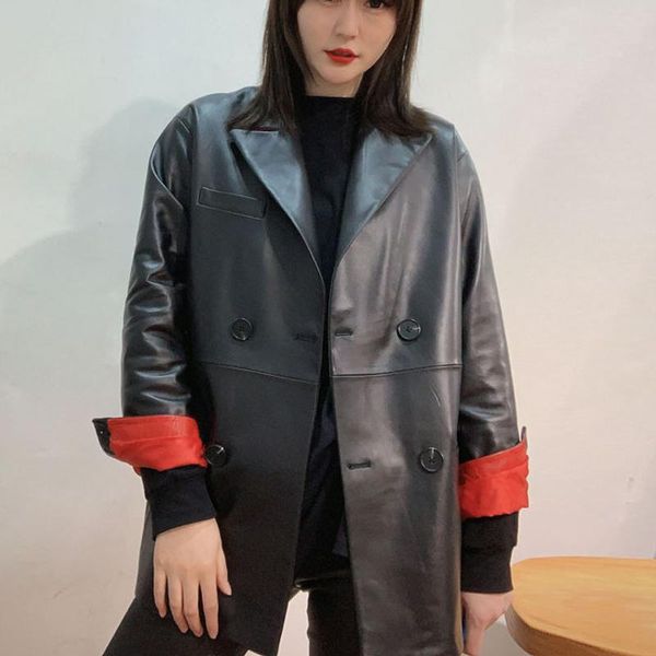 women's leather & faux 2021 spring mid-length coat sheep suit double breasted windbreaker tide, Black
women's leather & faux 2021 spring mid-length coat sheep suit double breasted windbreaker tide, Black