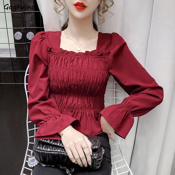 women blouses pleated front solid flare sleeve square collar elegant shirts korean style fashion fit pullover female simple x0521, White
women blouses pleated front solid flare sleeve square collar elegant shirts korean style fashion fit pullover female simple x0521, White