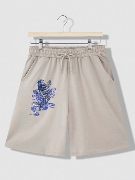 men fish print drawstring track shorts 74yo#, Black