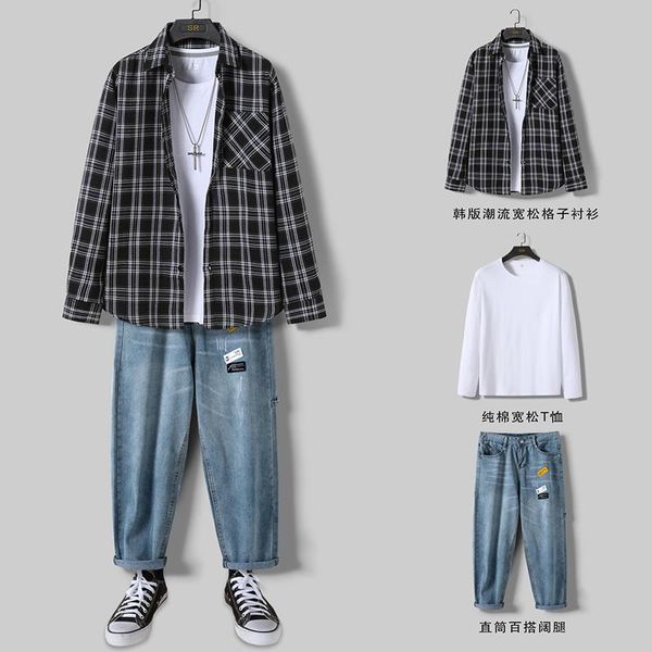 men's tracksuits casual long sleeve plaids shirt blue jeans pants white t-shirt 3pcs men clothing set x3, Gray
men's tracksuits casual long sleeve plaids shirt blue jeans pants white t-shirt 3pcs men clothing set x3, Gray