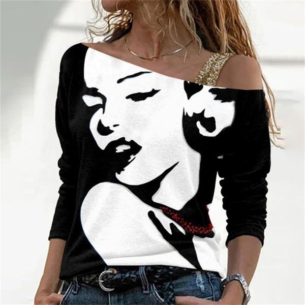 women's t-shirt fashion beauty woman face figure print off shoulder t shirt diagonal collar long sleeve autumn elegant streetwear, White
women's t-shirt fashion beauty woman face figure print off shoulder t shirt diagonal collar long sleeve autumn elegant streetwear, White