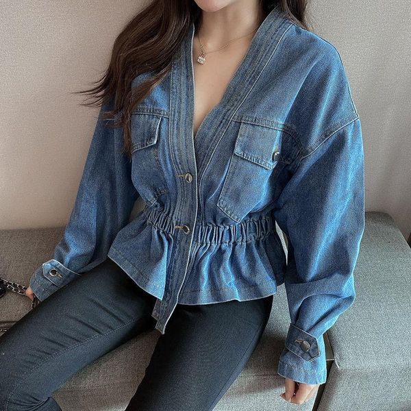 women's jackets deep v-neck long sleeve jean jacket women fashion elegant slim coats korean style elastic waist ruffle design denim, Black;brown
women's jackets deep v-neck long sleeve jean jacket women fashion elegant slim coats korean style elastic waist ruffle design denim, Black;brown