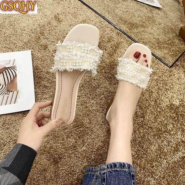 women slippers summer ladies beach sandals woman pearl fashion low heel female slip on outside shoes, Black