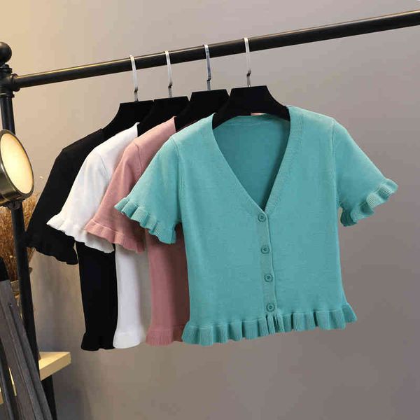 ruffles cardigans solid girls fashion women sweaters short sleeve v neck korean style ropa mujer thin 17218 210415, White;black
ruffles cardigans solid girls fashion women sweaters short sleeve v neck korean style ropa mujer thin 17218 210415, White;black