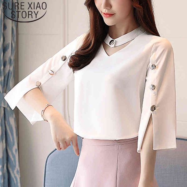 women blouse ladies' beading solid white shirt clothes harajuku three quarter v-neck chiffon 2994 50 210508
women blouse ladies' beading solid white shirt clothes harajuku three quarter v-neck chiffon 2994 50 210508