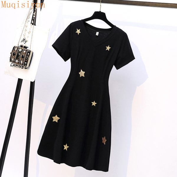 women t-shirt dress black summer v-neck short sleeve sequins five-pointed star embroidery female es 210428, Black;gray
women t-shirt dress black summer v-neck short sleeve sequins five-pointed star embroidery female es 210428, Black;gray