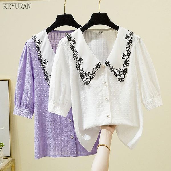 women's blouses & shirts plus size korean summer vintage women 2021 single breasted puff sleeve shirt sweet flower embroidery blusas mu, White
women's blouses & shirts plus size korean summer vintage women 2021 single breasted puff sleeve shirt sweet flower embroidery blusas mu, White