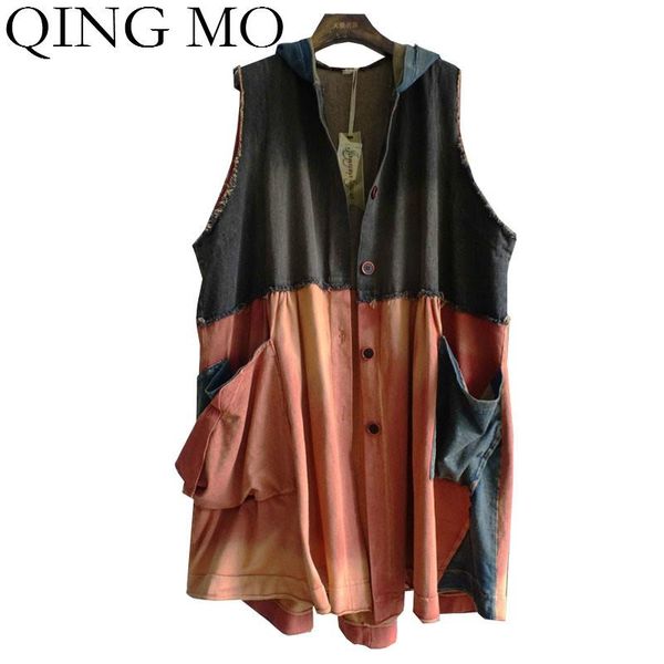 women's vests qing mo summer women denim vest 2021 patchwork color female hooded sleeveless coat single breasted zqy4561, Black;white 
women's vests qing mo summer women denim vest 2021 patchwork color female hooded sleeveless coat single breasted zqy4561, Black;white
