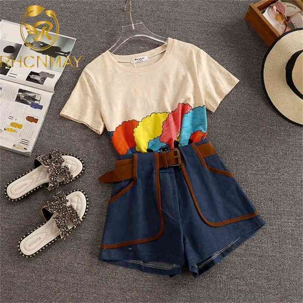 summer women short sleeves print t-shirt + high waist denim patchwork girls 2 pcs sets female suits with belt 210520, White
summer women short sleeves print t-shirt + high waist denim patchwork girls 2 pcs sets female suits with belt 210520, White