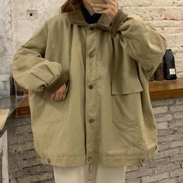 women's jackets imitation lamb wool work coat winter korean 2021 thickened warm style loose long sleeve cotton clothes wear, Black;brown
women's jackets imitation lamb wool work coat winter korean 2021 thickened warm style loose long sleeve cotton clothes wear, Black;brown
