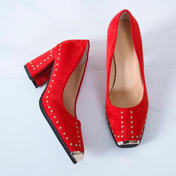 dress shoes thick heels women pumps slip on vogue high square toe suede wedding party for rivet, Black 
dress shoes thick heels women pumps slip on vogue high square toe suede wedding party for rivet, Black