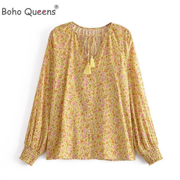 women's blouses & shirts boho queens vintage yellow floral print tassel loose ladies lace-up o-neck long sleeve beach blusas mujer, White
women's blouses & shirts boho queens vintage yellow floral print tassel loose ladies lace-up o-neck long sleeve beach blusas mujer, White