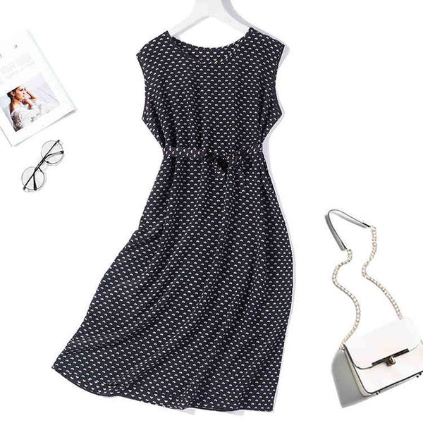 dress women's 100% pure silk 16mm long dress hearts printed crew neck sleeveless belt l xl jn340, Black;gray