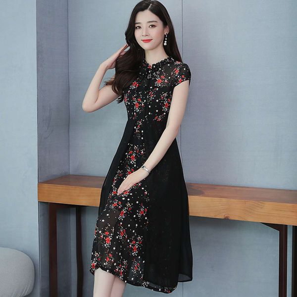 short sleeve large size spring broken flower temperament medium length, White;black
short sleeve large size spring broken flower temperament medium length, White;black