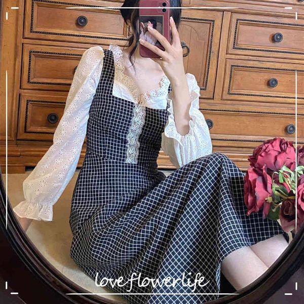french vintage dress women casual elegant plaid midi sweet dress party long sleeve lace dress korean autumn chic 210521, Black;gray
french vintage dress women casual elegant plaid midi sweet dress party long sleeve lace dress korean autumn chic 210521, Black;gray