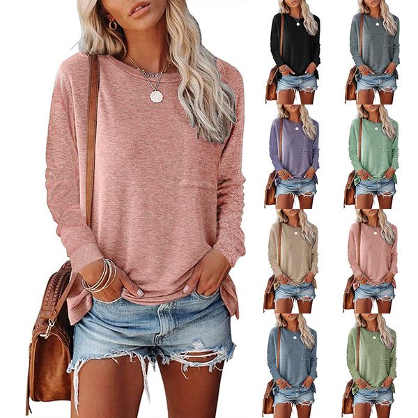 women's t-shirt tees european american fall/winter 2021 round neck pocket split long sleeve casual loose top, White
women's t-shirt tees european american fall/winter 2021 round neck pocket split long sleeve casual loose top, White