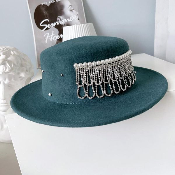 stingy brim hats winter women's hat french classic wool felt ladies fedoras fashion pearl rhinestone tassel flat black cap, Blue;gray
stingy brim hats winter women's hat french classic wool felt ladies fedoras fashion pearl rhinestone tassel flat black cap, Blue;gray