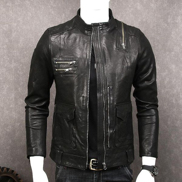 men's leather & faux tanned vegetable goatskin genuine jacket short slim fit stand collar casual simple male, Black
men's leather & faux tanned vegetable goatskin genuine jacket short slim fit stand collar casual simple male, Black
