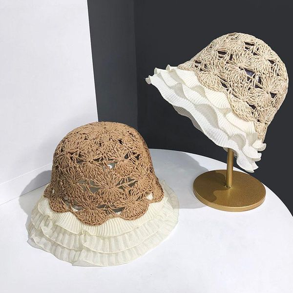 wide brim hats pleated mesh spliced straw hat women summer beach bucket sun protection caps thin breathable bonnet elegant 5 colors, Blue;gray
wide brim hats pleated mesh spliced straw hat women summer beach bucket sun protection caps thin breathable bonnet elegant 5 colors, Blue;gray