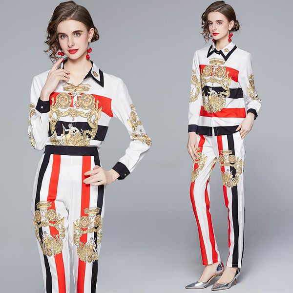 women's two piece pants 2021 retro print sets women runway shirts + trousers party set office lady designer long sleeve casual suits, White
women's two piece pants 2021 retro print sets women runway shirts + trousers party set office lady designer long sleeve casual suits, White