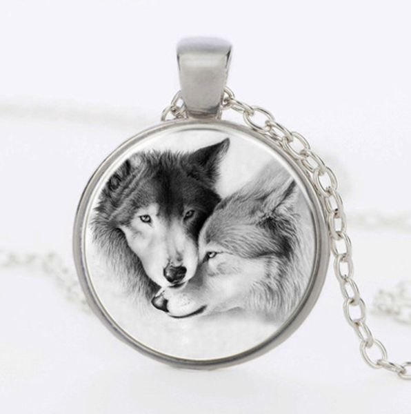 popular black and white double wolf time gemstone glass pendant necklaces, Silver
popular black and white double wolf time gemstone glass pendant necklaces, Silver