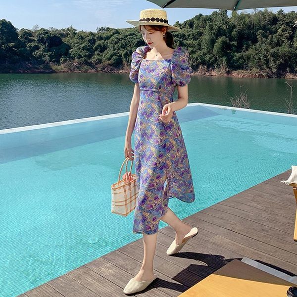 purple flower printed women summer temperament square collar puff sleeve beach vacation chiffon slim midi dress 210514, Black;gray
purple flower printed women summer temperament square collar puff sleeve beach vacation chiffon slim midi dress 210514, Black;gray