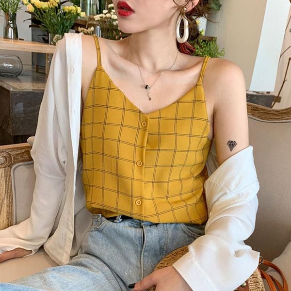 women's tanks & camis plaid print camisoles sling tank button down v neck sleeveless chiffon vest cami, White
women's tanks & camis plaid print camisoles sling tank button down v neck sleeveless chiffon vest cami, White