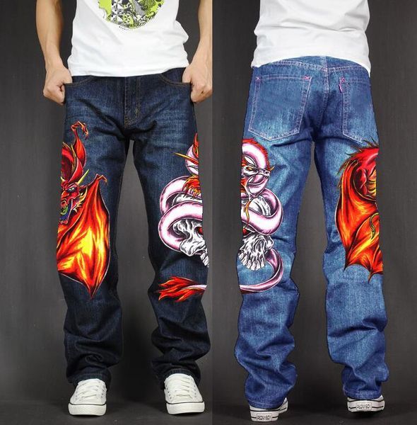 

men's jeans long pants baggy loose fit rap hip hop skate denim print trousers straight stretch casual drgon snake v0ub, Blue