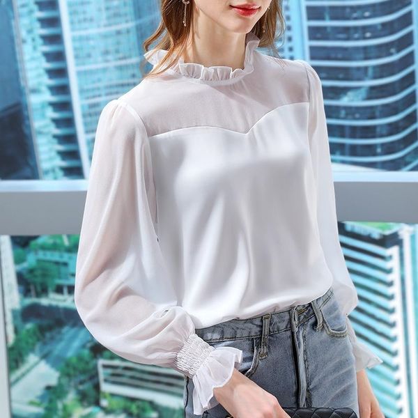 t-shirt chiffon women's early spring wear vertical collar bra satin splicing trumpet sleeve foreign style, White
t-shirt chiffon women's early spring wear vertical collar bra satin splicing trumpet sleeve foreign style, White
