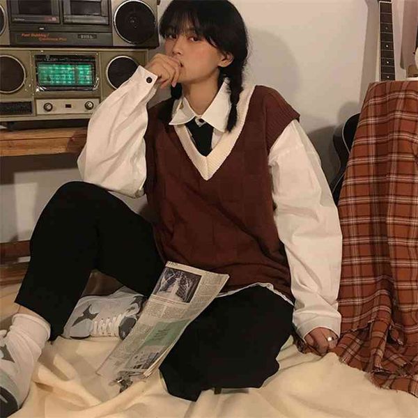 college style vest spring and autumn tie students lazy japanese sweater 210427, White;black
college style vest spring and autumn tie students lazy japanese sweater 210427, White;black