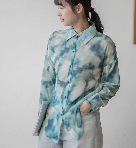 women's blouses & shirts transparent chiffon women graident summer full sleeve femme gradient, White
women's blouses & shirts transparent chiffon women graident summer full sleeve femme gradient, White