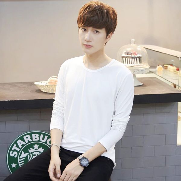 long sve t-shirt round neck thin white korean slim fit solid color bottomed shirt tight autumn men's cloth, White;black
long sve t-shirt round neck thin white korean slim fit solid color bottomed shirt tight autumn men's cloth, White;black