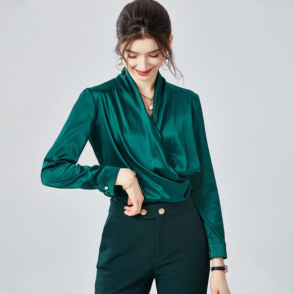 women's blouses & shirts luxo 100% real silk women's blouses spring designers long sleeve cross neckline v solid office shirts cas, White
women's blouses & shirts luxo 100% real silk women's blouses spring designers long sleeve cross neckline v solid office shirts cas, White