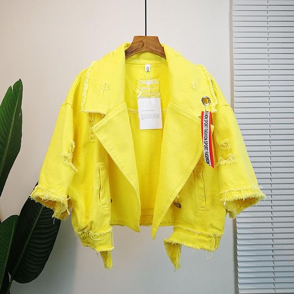 women's jackets candy colors women loose denim jacket 2021 spring autumn korean ribbon design hole tassel jeans coat tide g125, Black;brown
women's jackets candy colors women loose denim jacket 2021 spring autumn korean ribbon design hole tassel jeans coat tide g125, Black;brown