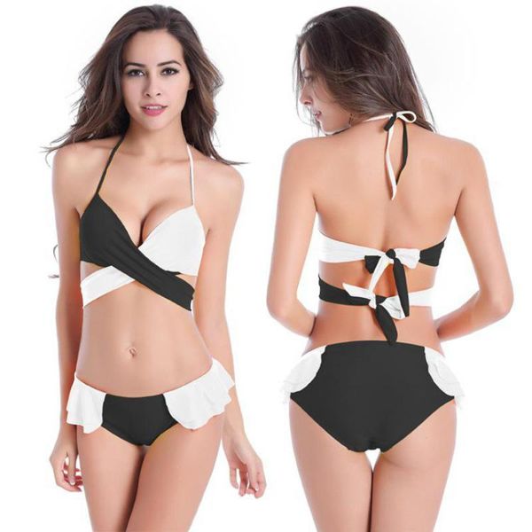 women's swimwear halter two-color cross stretch bikini suit solid color with steel ring spring beach vacation swimsuit, White;black
women's swimwear halter two-color cross stretch bikini suit solid color with steel ring spring beach vacation swimsuit, White;black