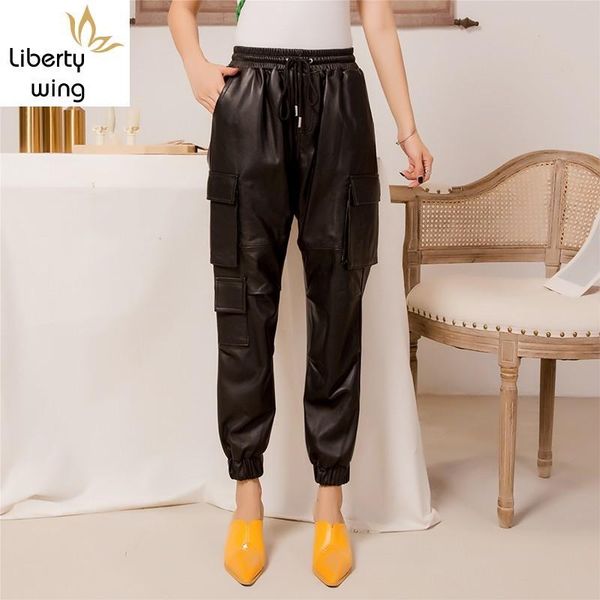 women's pants & capris brand genuine leather elastic waist womens sheepskin casual streetwear pockets cargo ankle length female harem, Black;white
women's pants & capris brand genuine leather elastic waist womens sheepskin casual streetwear pockets cargo ankle length female harem, Black;white
