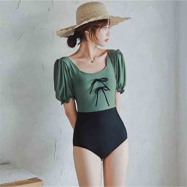 style hit color bubble sleeve retro open back half high waist female bikini swimsuit korean 210603, White;black
style hit color bubble sleeve retro open back half high waist female bikini swimsuit korean 210603, White;black