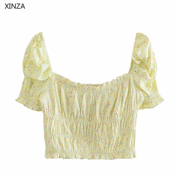 women's knits & tees women elastic flower print cropped blouse short puff sleeve ruched vintage yellow summer feminine square, White
women's knits & tees women elastic flower print cropped blouse short puff sleeve ruched vintage yellow summer feminine square, White