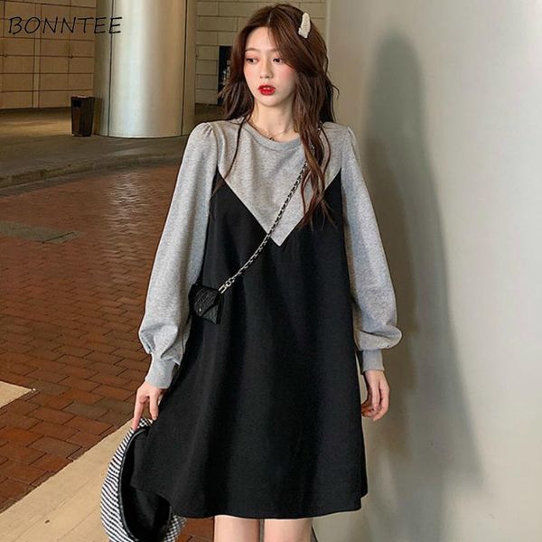 women long sleeve dress patchwork plus size 3xl solid knee-length loose elegant fashion slim korean style streetwear daily chic casual dress, Black;gray
women long sleeve dress patchwork plus size 3xl solid knee-length loose elegant fashion slim korean style streetwear daily chic casual dress, Black;gray