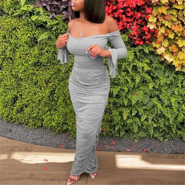 solid color female long dresses off shoulder sleeves bodycon casual maxi vestido fashion ruched fall slim dress, Black;gray
solid color female long dresses off shoulder sleeves bodycon casual maxi vestido fashion ruched fall slim dress, Black;gray