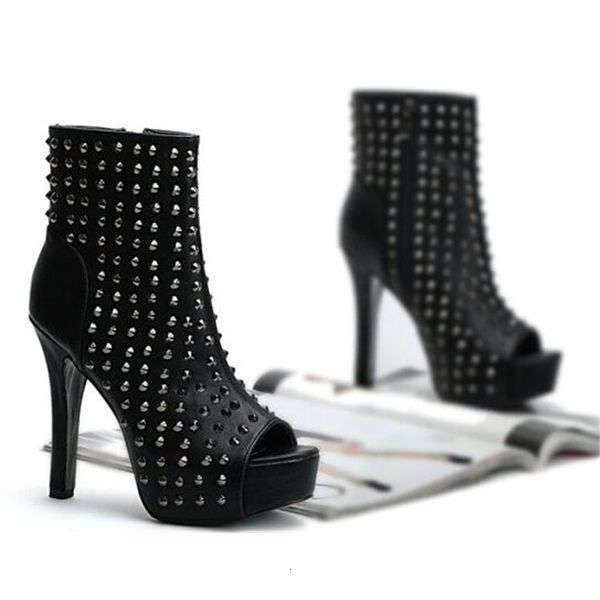 boot european style woman high-heeled peep toe silver spikes ankle black leather studded summer boots
boot european style woman high-heeled peep toe silver spikes ankle black leather studded summer boots