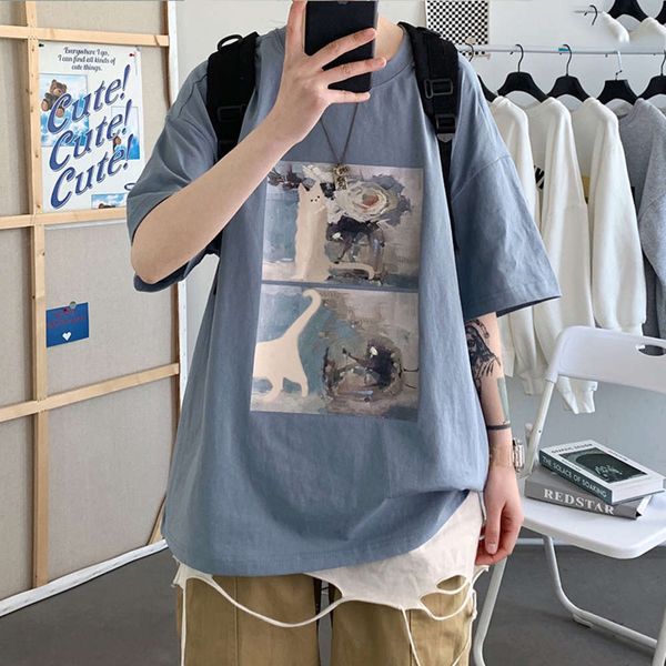 men's shirt oil painting print short t-shirt men's trendy summer ins large trend versatile loose / 5 sleeve top, White;black
men's shirt oil painting print short t-shirt men's trendy summer ins large trend versatile loose / 5 sleeve top, White;black