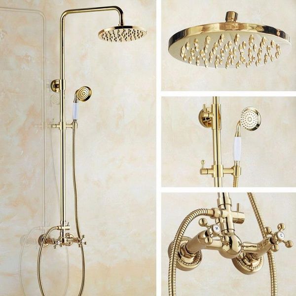 two cross handles 8'' bath rain shower system with the head & hand set faucet mixer tap gold color brass agf332 bathroom sets
two cross handles 8'' bath rain shower system with the head & hand set faucet mixer tap gold color brass agf332 bathroom sets