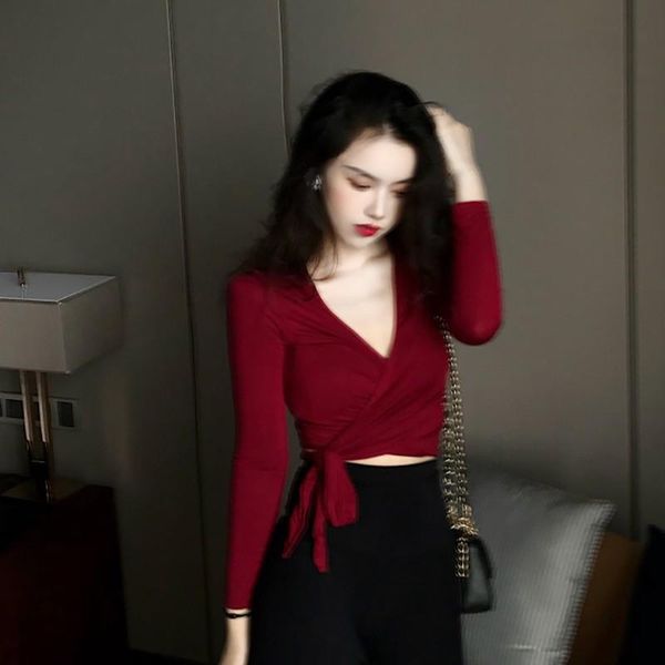 women's t-shirt slim v-neck t shirt cross knotted crop fashion casual solid long sleeve t-shirts, White
women's t-shirt slim v-neck t shirt cross knotted crop fashion casual solid long sleeve t-shirts, White