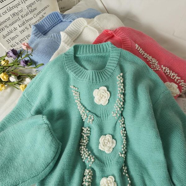 women's sweaters 2021 autumn beading flower round neck bubble sleeve sweater women, White;black
women's sweaters 2021 autumn beading flower round neck bubble sleeve sweater women, White;black